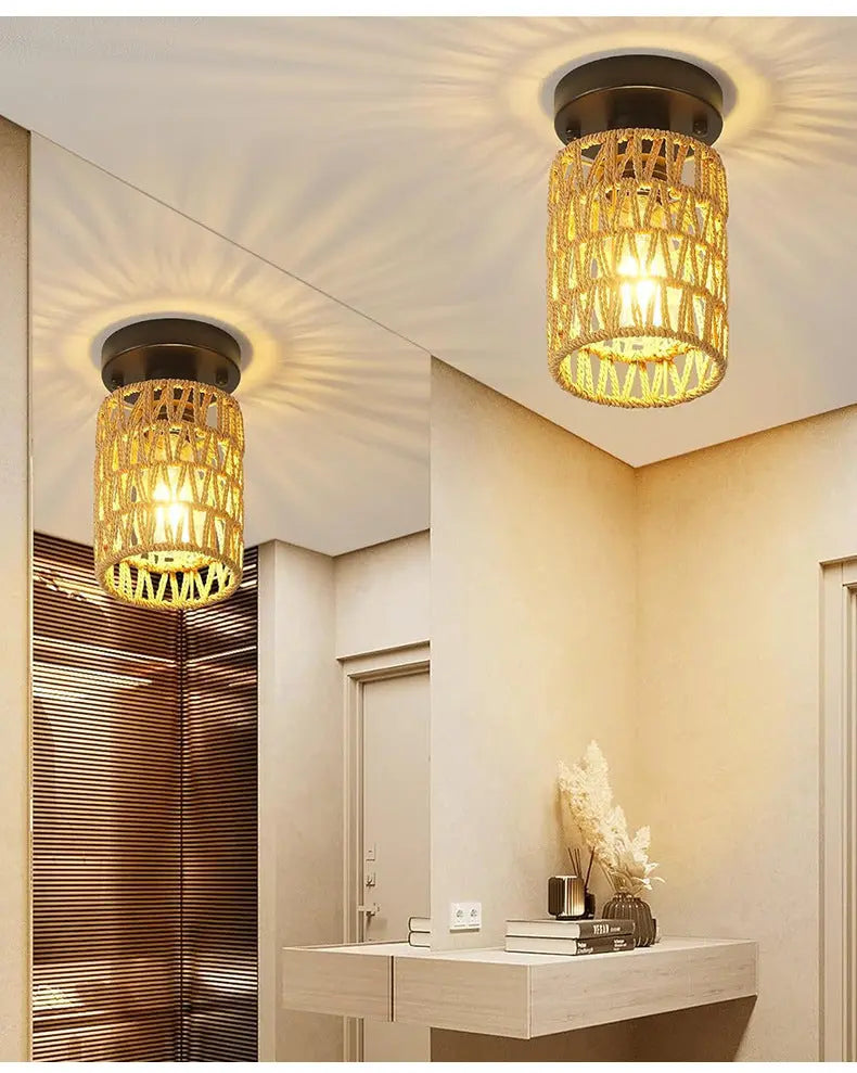 Tea Room Inn Bar Counter Chinese Hemp Rope Woven Chandelier - ElectroAccessories