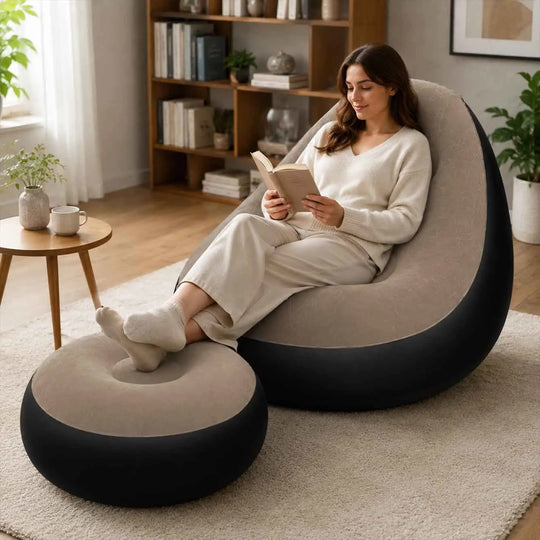 1PC Inflatable Lounge Chair for Adults, Folding Portable Lazy Sofa with Foot Stool Lazy Flocking Recliner Chair Air Couch Sofa