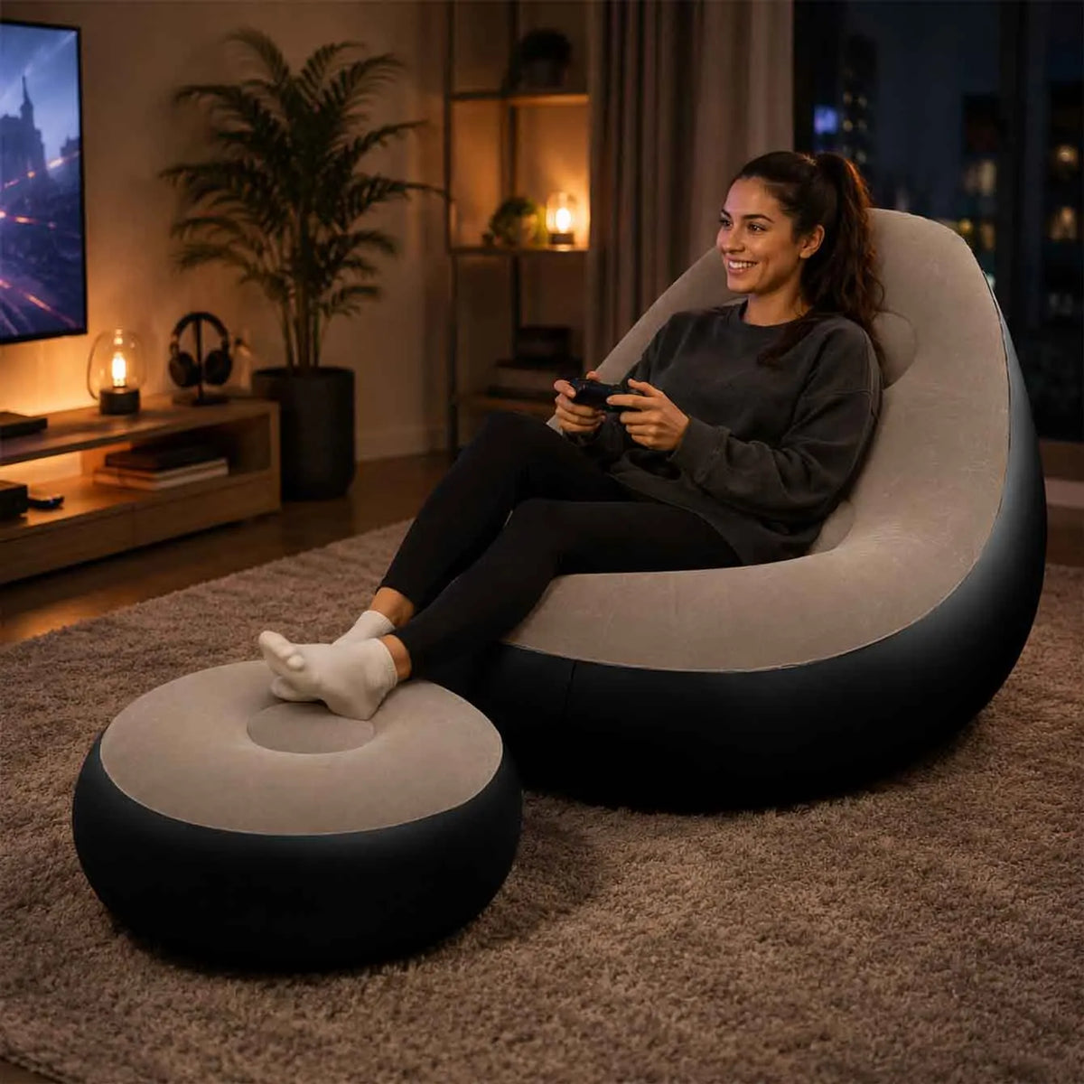 1PC Inflatable Lounge Chair for Adults, Folding Portable Lazy Sofa with Foot Stool Lazy Flocking Recliner Chair Air Couch Sofa