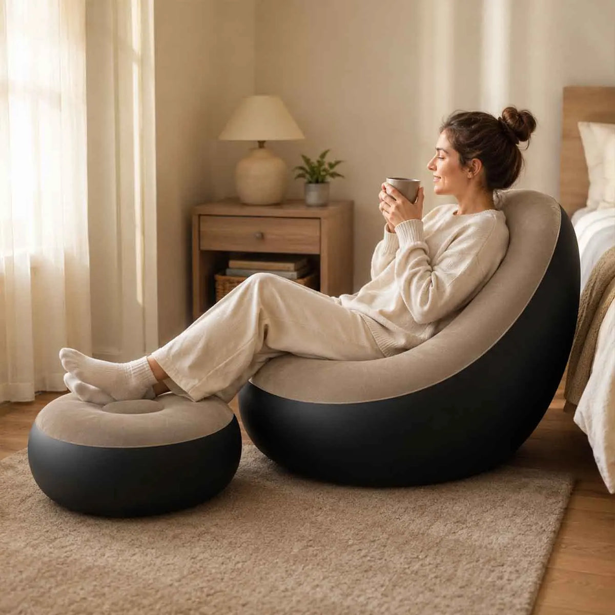 1PC Inflatable Lounge Chair for Adults, Folding Portable Lazy Sofa with Foot Stool Lazy Flocking Recliner Chair Air Couch Sofa