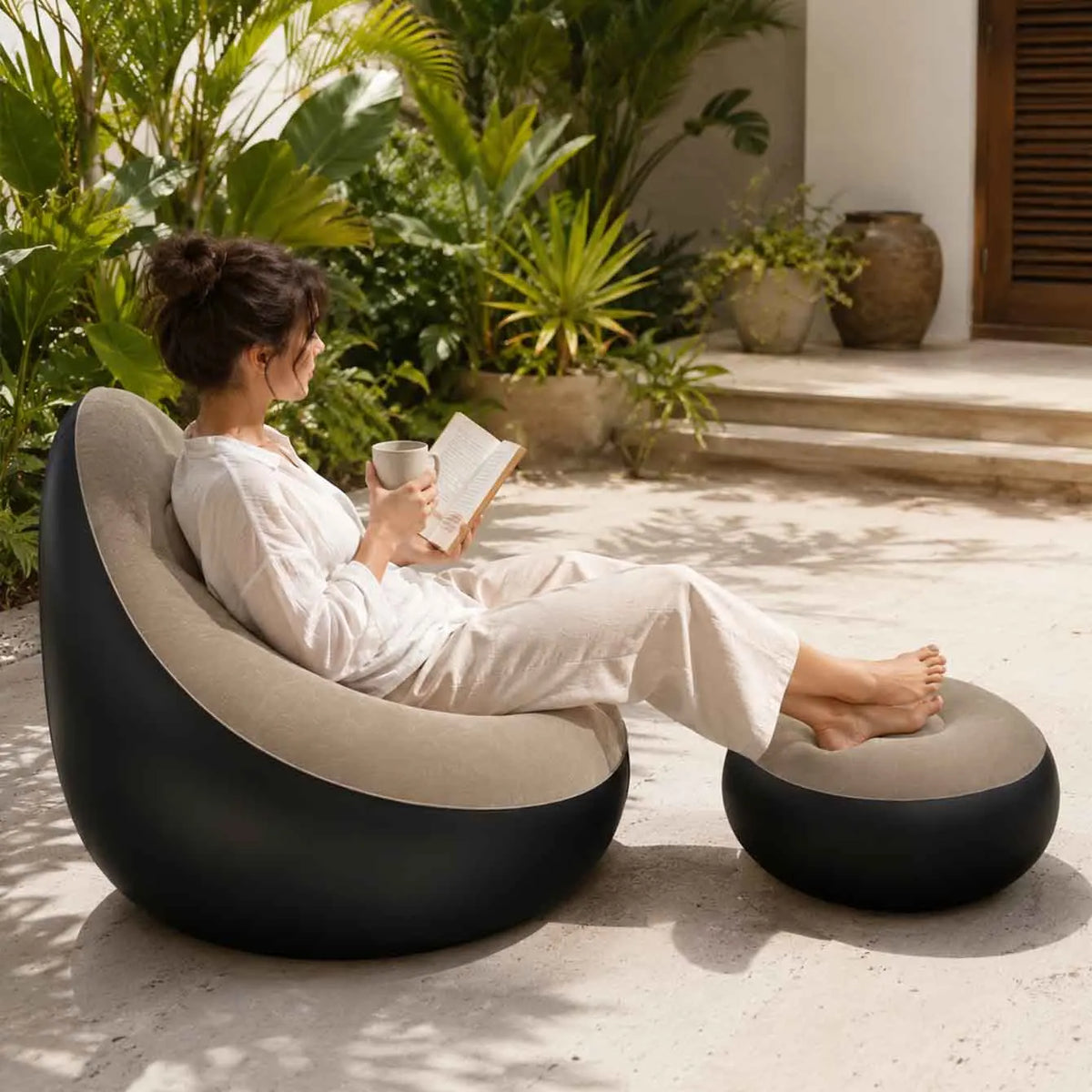 1PC Inflatable Lounge Chair for Adults, Folding Portable Lazy Sofa with Foot Stool Lazy Flocking Recliner Chair Air Couch Sofa