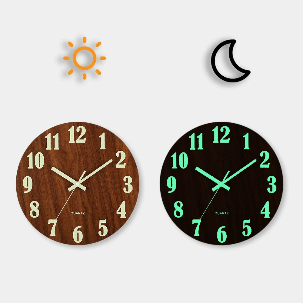 12 Inch Luminous Wall Clock Wood Silent Light in Dark Night Nordic Fashion Wall Clock Non Ticking Clock With Night Light