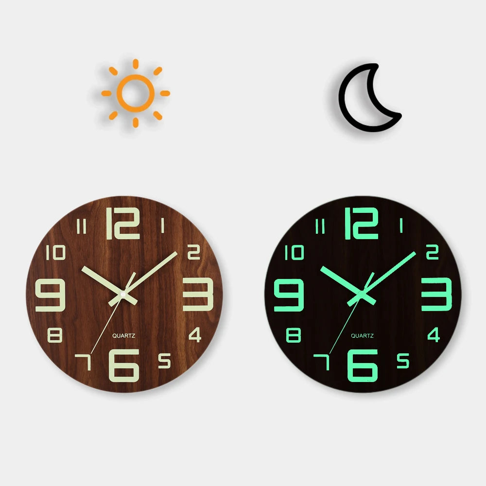 12 Inch Luminous Wall Clock Wood Silent Light in Dark Night Nordic Fashion Wall Clock Non Ticking Clock With Night Light