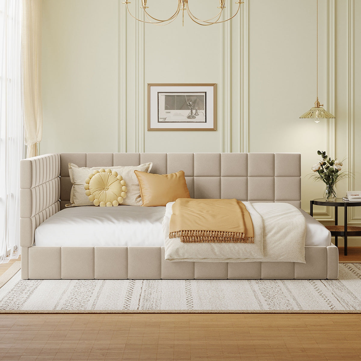 Full-size Upholstered Sofa Bed, Sofa Bed Frame - Beige, Velvet - ElectroAccessories